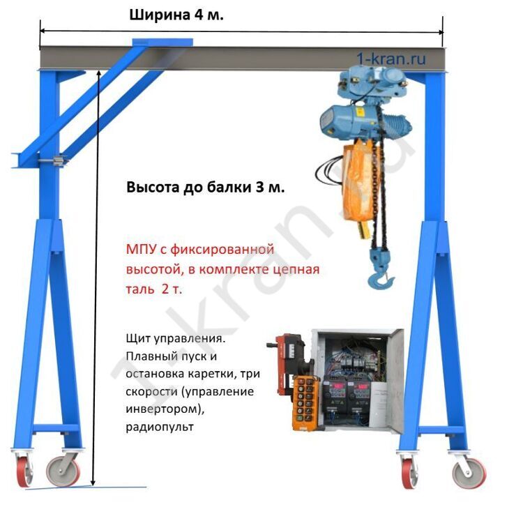 Ручной козловой кран мобильный  с многоскоростной   цепной талью (частотное регулирование) , 2 т.,  Высота до балки 3,0 м  Ширина габаритная 4 м.