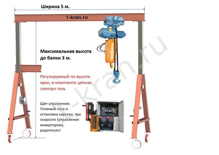 Мобильное перегрузочное устройство УПМ разборное,  с двухскоростной  канатной  электро талью, на колесах ,  3 т.,  Высота до балки   регулируемая, шаг 250(100)мм, максимальная 3,0 м  Ширина габаритная